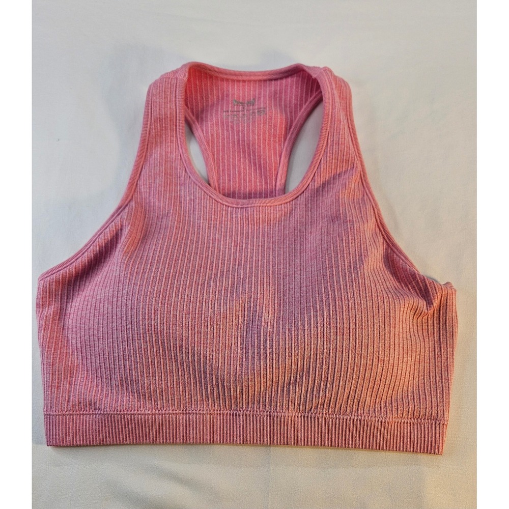 Pro-Fit Seamless Sports Bra Pink Ribbed Racerback High Neck Athletic Top Large